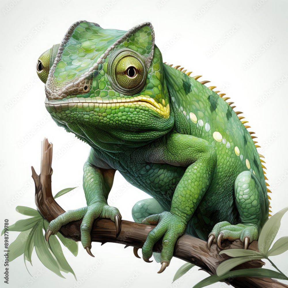Obraz premium Watercolor Green color chameleon close up, clipart Illustration, Generative Ai
