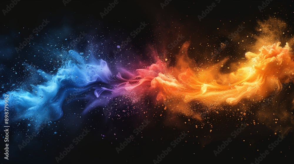 Obraz premium A high-resolution abstract design with a vibrant powder splash in rainbow colors, featuring paint explosions, dust clouds, and ink splatter effects on a white texture backdrop