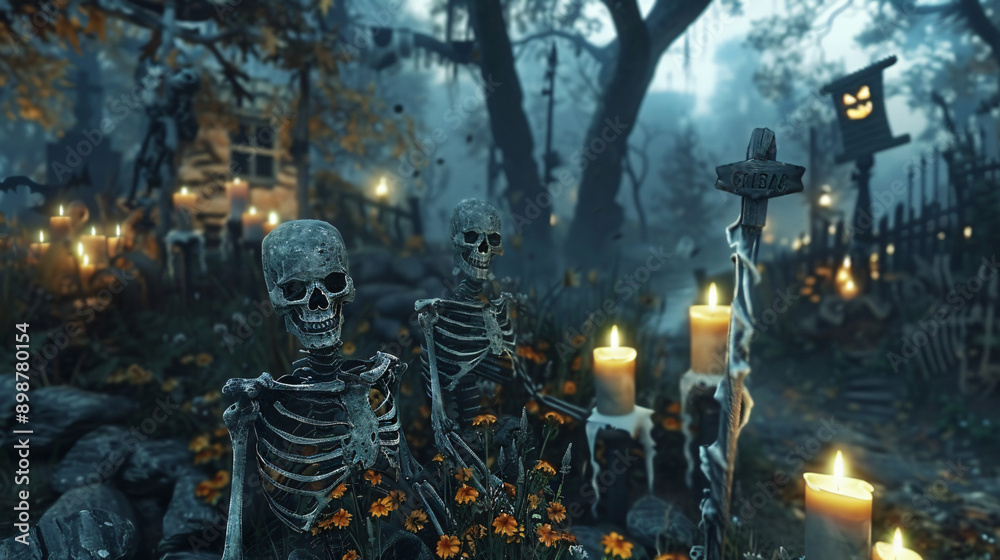 Eerie halloween setting featuring skeletons, candles, and pumpkins setting a spooky mood Eerie halloween setting featuring skeletons, candles, and pumpkins setting a spooky mood