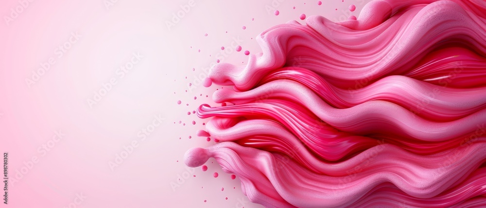  A pink wave, adorned with water drops at its peak, against a gentle light pink backdrop