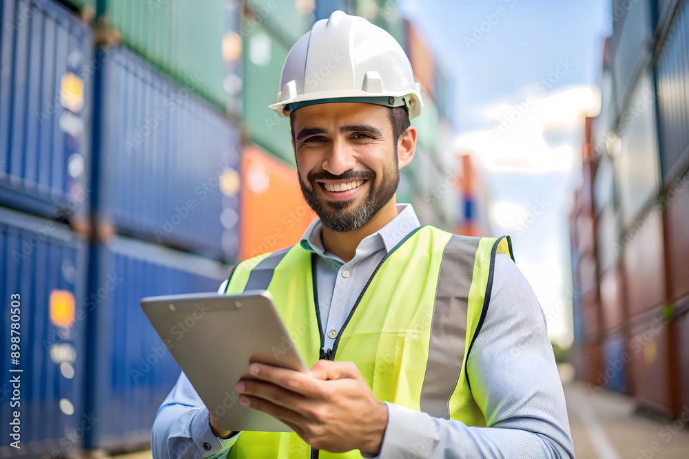 Smiling Male Engineer Using Tablet at Shipping Yard Smiling Male Engineer Using Tablet at Shipping Yard