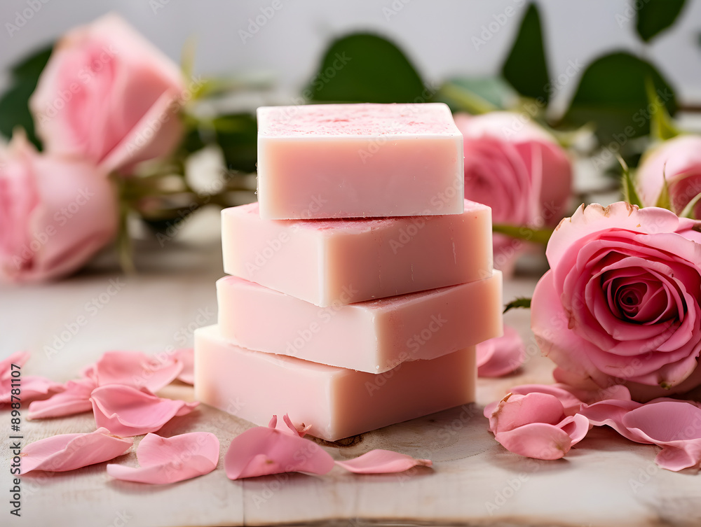 Natural handmade soap bars with roses oil, spa organic product concept 
