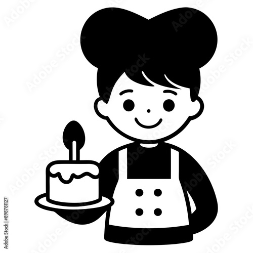 Chef with a cake cartoon realistic isolated illustration