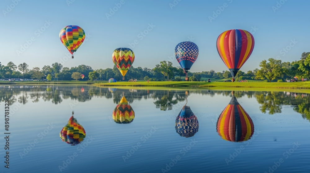 Fototapeta premium Hot Air Balloons Reflecting on a Calm Lake