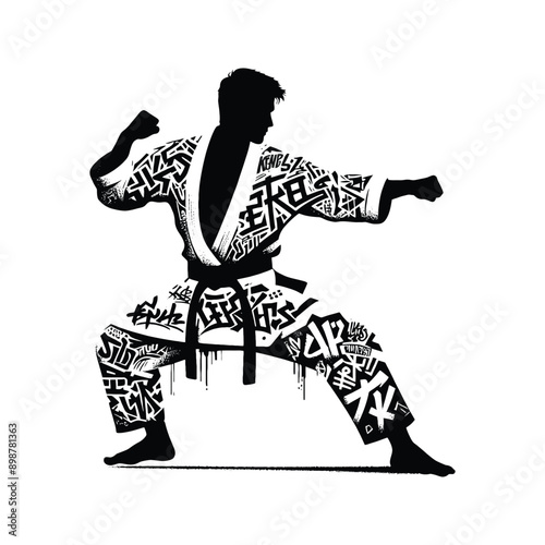 Judo , martial art ,  Karate , Taekwondo  male player in graffiti tags, street art pattern illustration, emblem shield badge