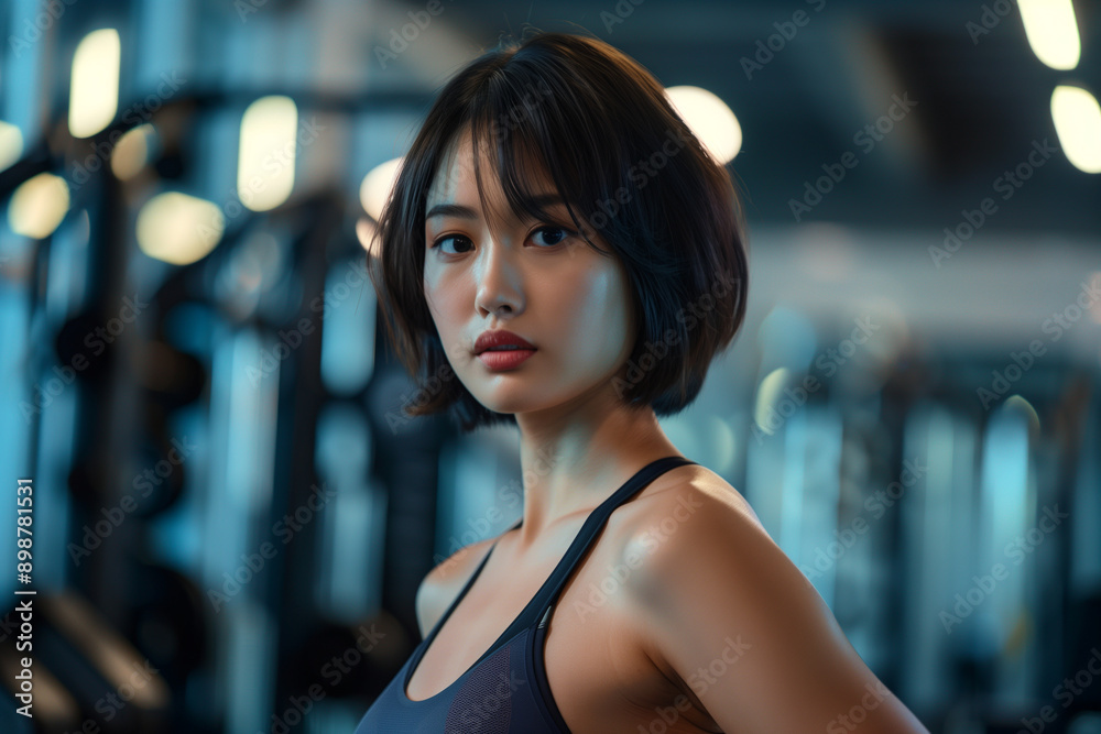An Asian girl with a short bob hairstyle in a gym, wearing a sleek sport bra, her focused expression and athletic stance capturing the essence of fitness and determination An Asian girl with a short bob hairstyle in a gym, wearing a sleek sport bra, her focused expression and athletic stance capturing the essence of fitness and determination