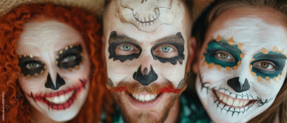A group of people with painted faces pose for a photo, their expressions depicted through facial paint, seemingly engaging with the camera A group of people with painted faces pose for a photo, their expressions depicted through facial paint, seemingly engaging with the camera