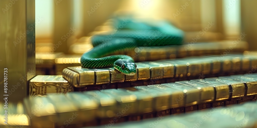 Snake on gold bars, precious metal. The concept of the symbol of the New Year 2025 the green