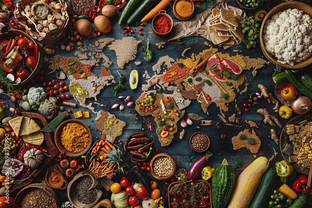 Diverse range of global cuisines. Top view of world map made of food ingredients and vegetables. Diverse range of global cuisines. Top view of world map made of food ingredients and vegetables.