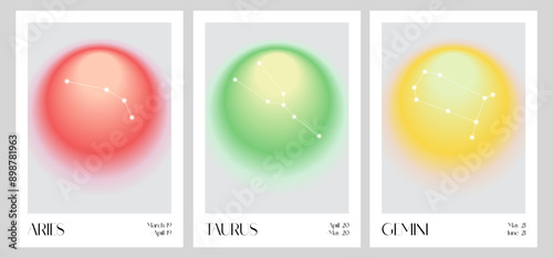 Aura Gradient Zodiac poster. Aries, Taurus, Gemini Wall Art. Y2k style blurred gradient. Astrology print. Colourful spiritual poster. Futurism vector art. Print, wallpaper, web template.
