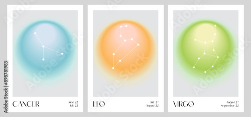 Aura Gradient Zodiac poster. Cancer, Leo, Virgo Wall Art. Y2k style blurred gradient. Astrology print. Colourful spiritual poster. Futurism vector art. Print, wallpaper, web template.