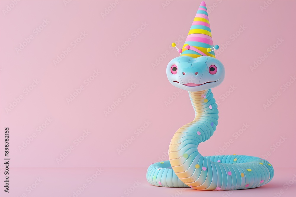 Fototapeta premium Cute pastel blue snake wearing party hat on pink background