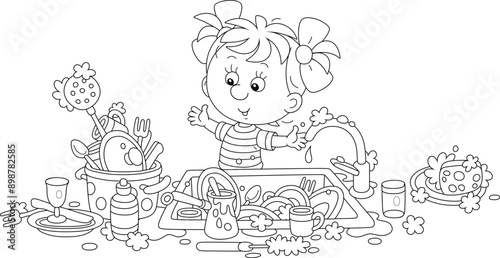 Household chores, a little girl going to wash dishes, pans, forks and spoons in a kitchen sink after a holiday dinner at home, black and white outline vector cartoon illustration for a coloring book