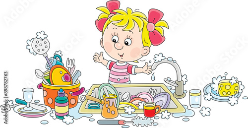 Household chores, a little girl going to wash dishes, pans, forks and spoons in a kitchen sink after a holiday dinner at home, vector cartoon illustration isolated on a white background