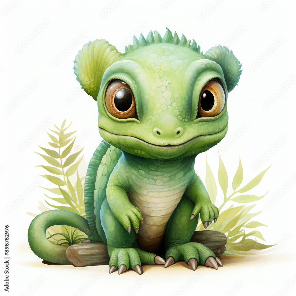 Fototapeta premium Watercolor Green color chameleon close up, clipart Illustration, Generative Ai