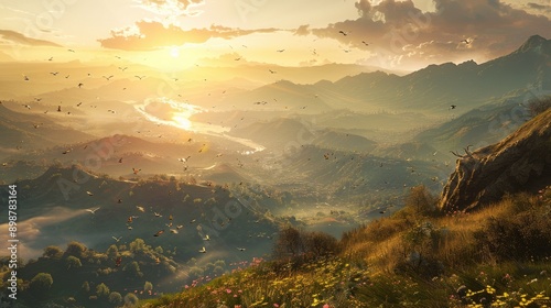 A peaceful hilltop with a panoramic view of a valley below, bathed in golden sunlight.