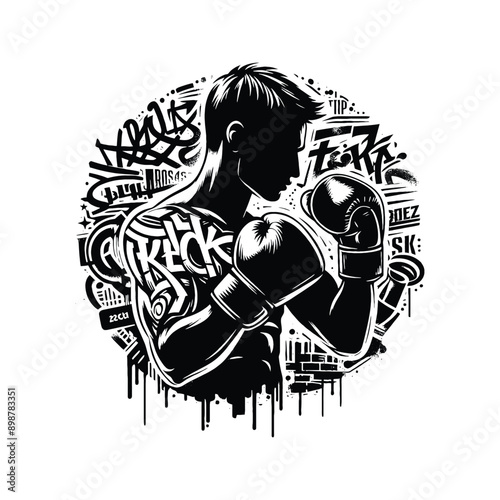 Boxing, Kickboxing   male player in graffiti tags, street art pattern illustration, emblem shield badge