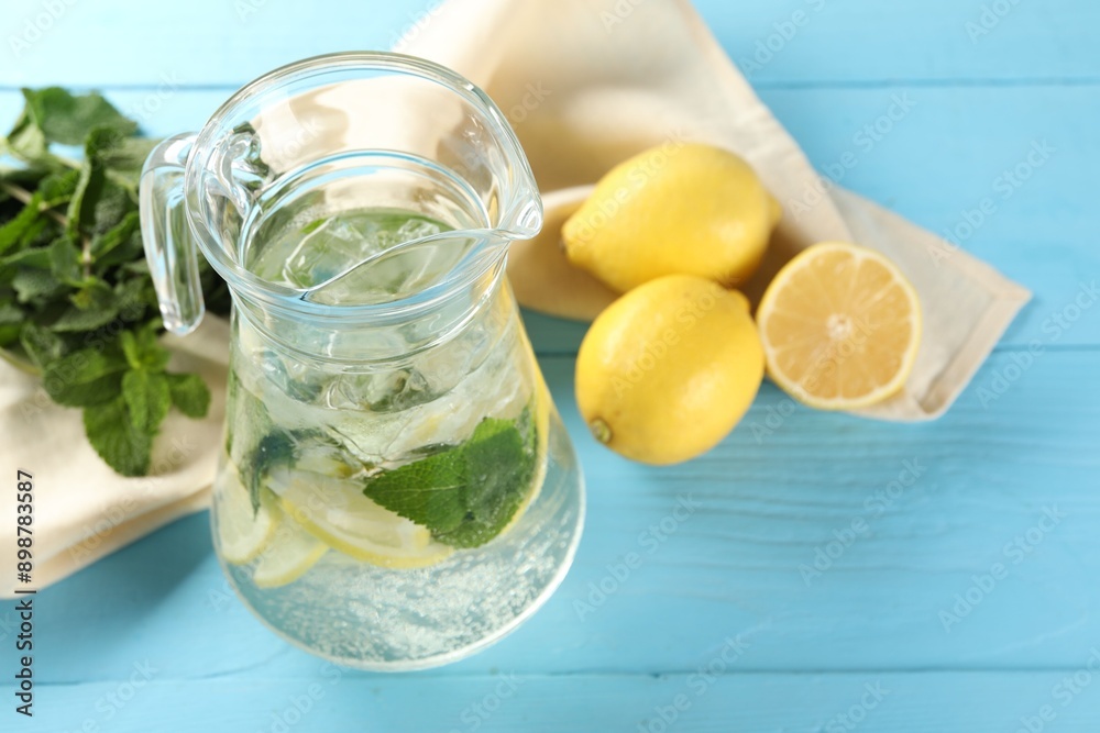Fototapeta premium Refreshing lemonade with mint in jug and ingredients on light blue wooden table