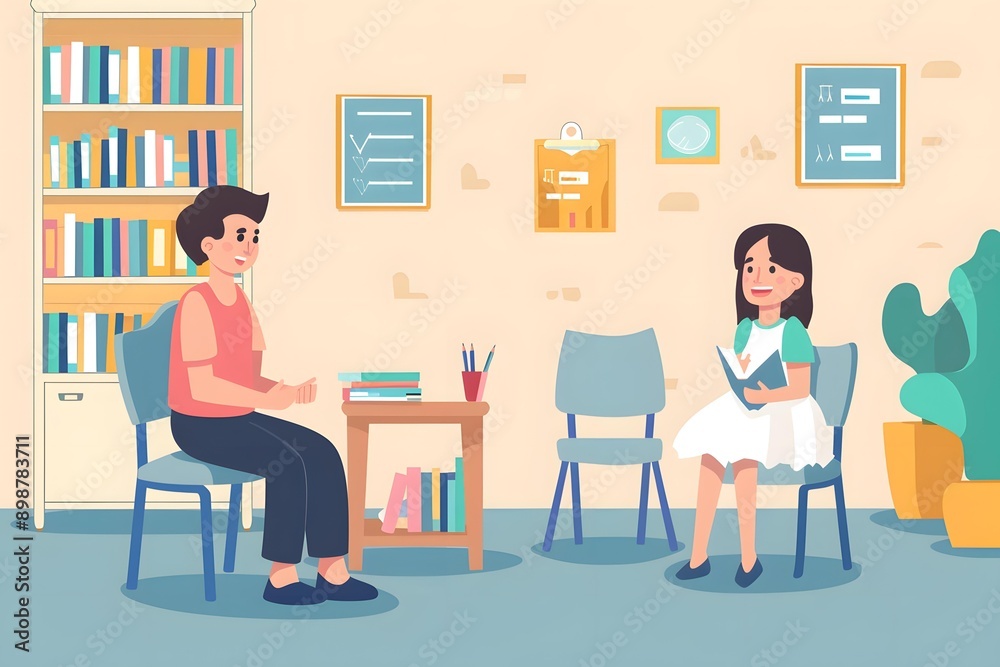 Two Kids Sitting In Library Illustration
