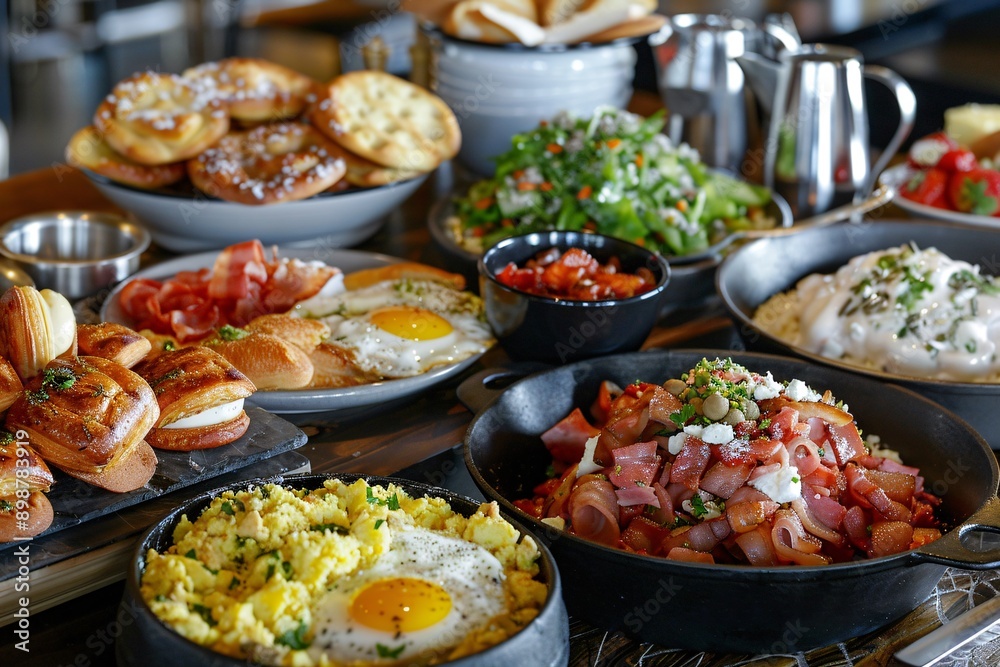 a brunch spread with a variety of dishes, including eggs, bacon, pastries, and fresh fruit a brunch spread with a variety of dishes, including eggs, bacon, pastries, and fresh fruit