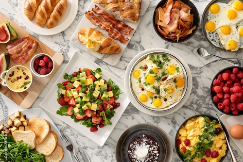 a brunch spread with a variety of dishes, including eggs, bacon, pastries, and fresh fruit