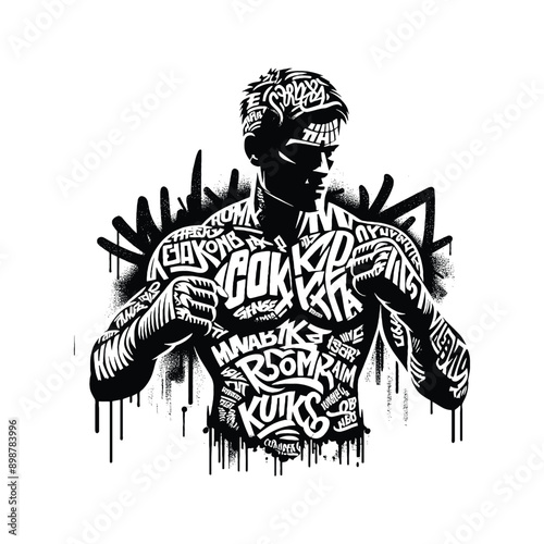 Boxing, Kickboxing   male player in graffiti tags, street art pattern illustration, emblem shield badge