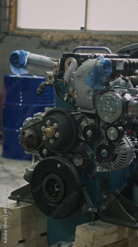 No people vertical shot of tractor large internal combustion engine with sheaves and pulleys in heavy machinery production plant No people vertical shot of tractor large internal combustion engine with sheaves and pulleys in heavy machinery production plant