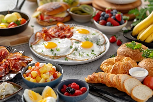 a brunch spread with a variety of dishes, including eggs, bacon, pastries, and fresh fruit