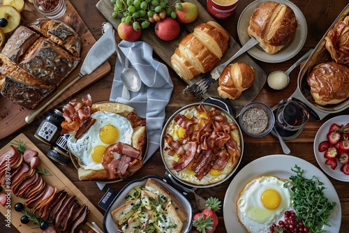 a brunch spread with a variety of dishes, including eggs, bacon, pastries, and fresh fruit