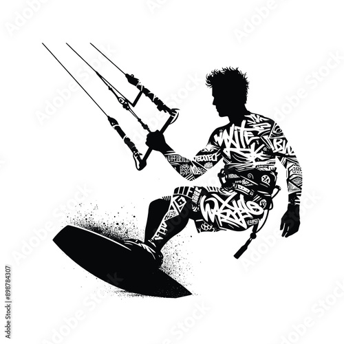Kitesurfing, Wakeboarding   male player in graffiti tags, street art pattern illustration, emblem shield badge