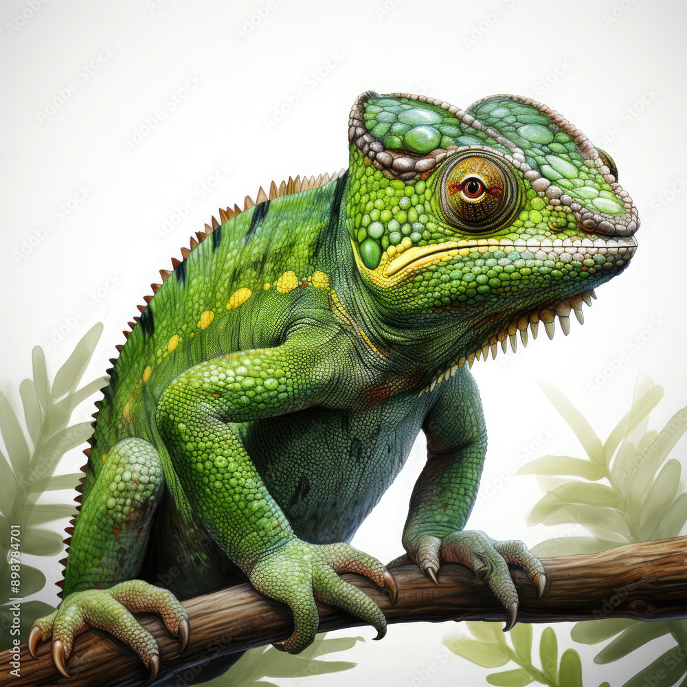 Fototapeta premium Watercolor Green color chameleon close up, clipart Illustration, Generative Ai