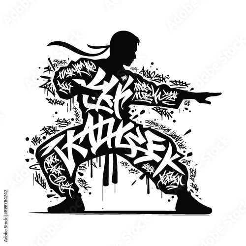 kungfu, Tai Chi  male player in graffiti tags, street art pattern illustration, emblem shield badge