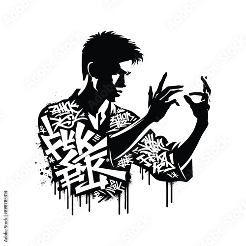 kungfu, Tai Chi  male player in graffiti tags, street art pattern illustration, emblem shield badge
