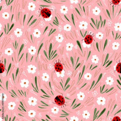 Seamless pattern with ladybug, flowers and leaves. An insect crawls among flowering plants.