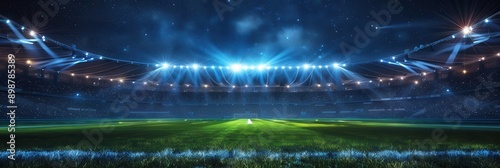 A large stadium is bathed in bright lights, with an empty field illuminated in the foreground. The stands are full of spectators, all looking up at the bright lights. Generative AI