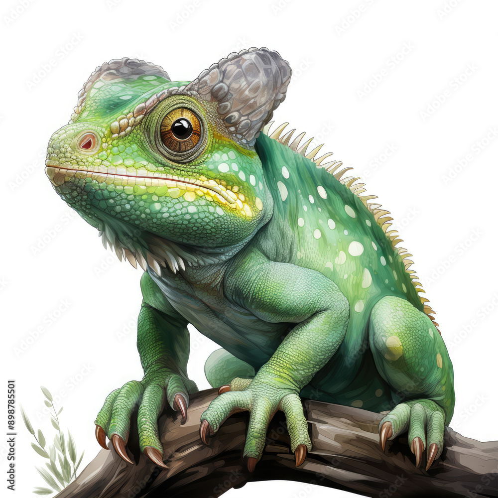 Obraz premium Watercolor Green color chameleon close up, clipart Illustration, Generative Ai