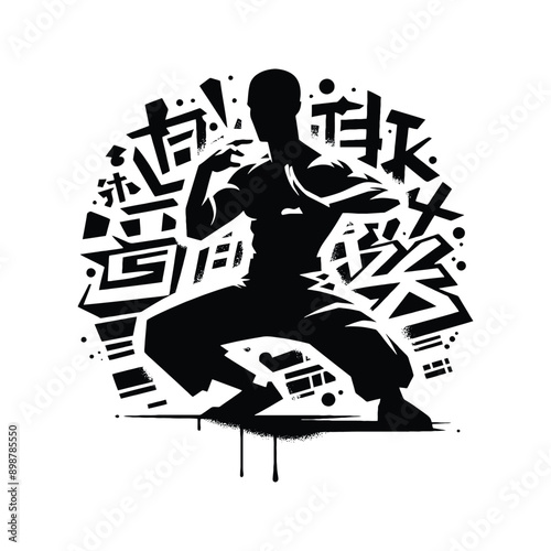kungfu, Tai Chi  male player in graffiti tags, street art pattern illustration, emblem shield badge