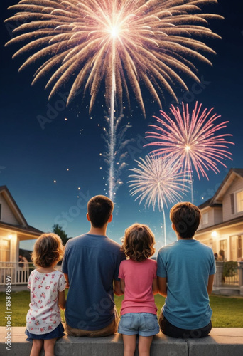  A family watching a fireworks display. 