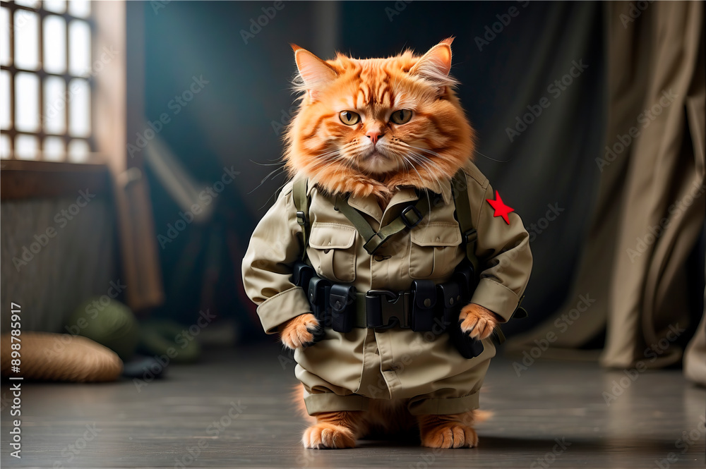 Ginger cat with red star on military uniform Ginger cat with red star on military uniform
