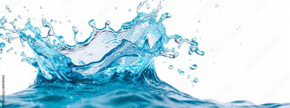 A tight shot of blue water splashing, against a pristine white backdrop A tight shot of blue water splashing, against a pristine white backdrop