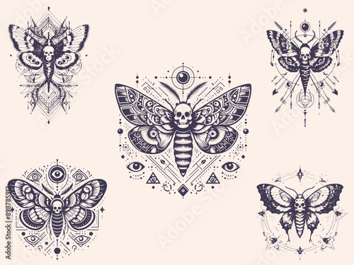 Mystic celestial moth. Magic moon, occult, print, tattoo.
