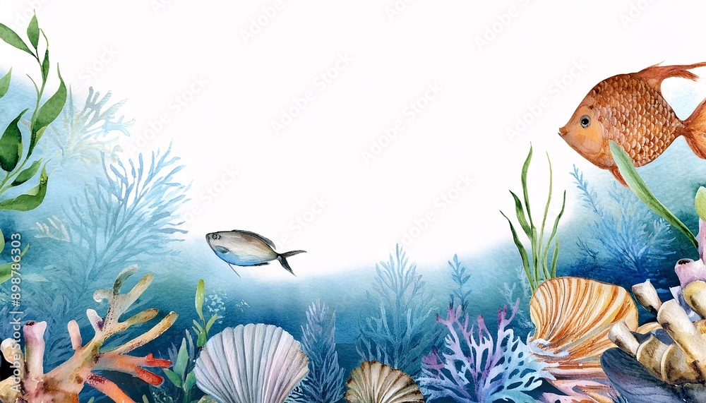 Fototapeta Colorful underwater world in watercolor style.