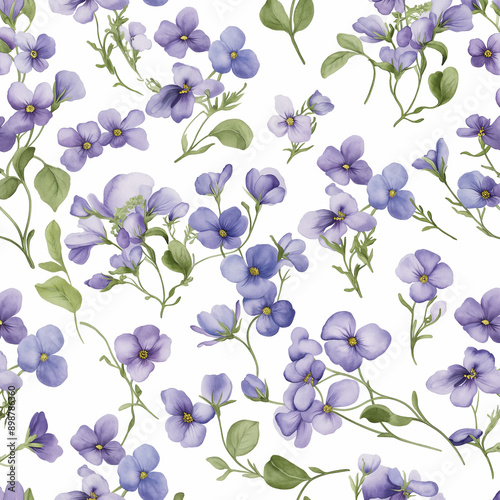 Ilustração em aquarela de violetas com padrão floral em fundo branco, impressão para tecidos ou papéis de parede no estilo provençal