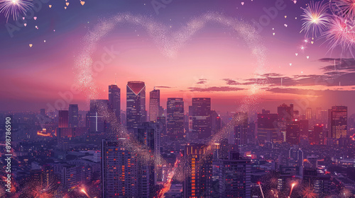 Wallpaper Mural Love in the City: Stunning Sunset Fireworks Over Skyscrapers  Torontodigital.ca