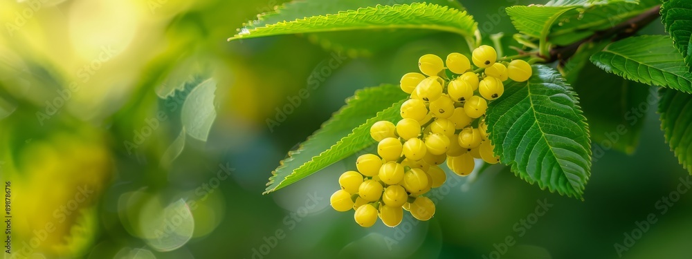 A tight shot of yellow berries clustered on a tree branch against a backdrop of green foliage and a softly blurred surroundings A tight shot of yellow berries clustered on a tree branch against a backdrop of green foliage and a softly blurred surroundings