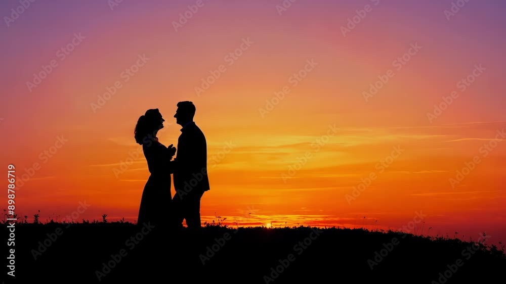 Two lovers share a tender kiss against the backdrop of a breathtaking sunset, silhouetted by vibrant hues of orange and purple. Two lovers share a tender kiss against the backdrop of a breathtaking sunset, silhouetted by vibrant hues of orange and purple.