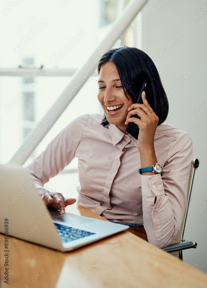 Business, woman and phone call with laptop in home office for communication, insurance query and technical support. Girl, technology and online for information for claim assistance and manage policy. Business, woman and phone call with laptop in home office for communication, insurance query and technical support. Girl, technology and online for information for claim assistance and manage policy.