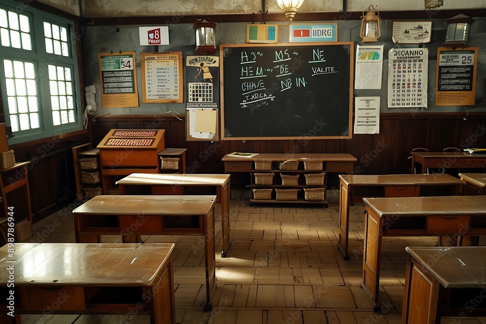 A traditional empty classroom with wooden desks, a blackboard, and educational charts and posters on the walls