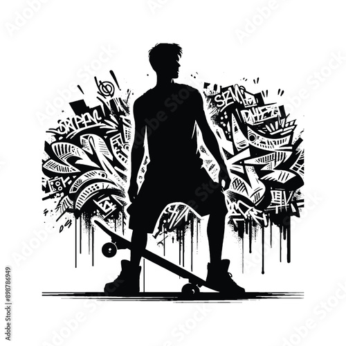 Skateboarding, longboarding  male player in graffiti tags, street art pattern illustration, emblem shield badge