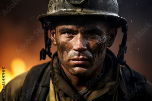 Close up of a Caucasianmale firefighter with a dirty face full of mud and ash and smoke and fire embers in the background  photo